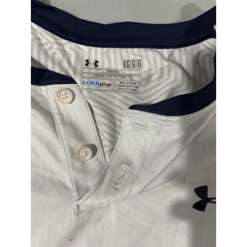 Under Armour ColdGear Shirt Mens Large White/Blue Long Sleeve Fitted Base Layer